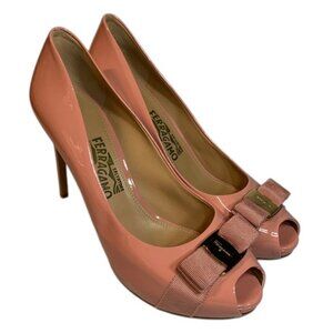 Salvatore Ferragamo Peep Toe Pumps Women’s 9.5‎ Pink Plum Patent Leather Heels